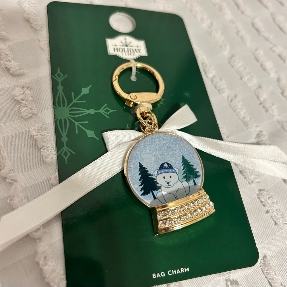Holiday Time Festive Bear Snow Globe Keychain with Gold Accents